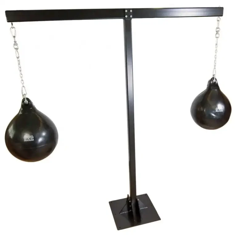Balazs Pro TEE Frame holding two heavy bags on an eight-foot floor-bolted stand