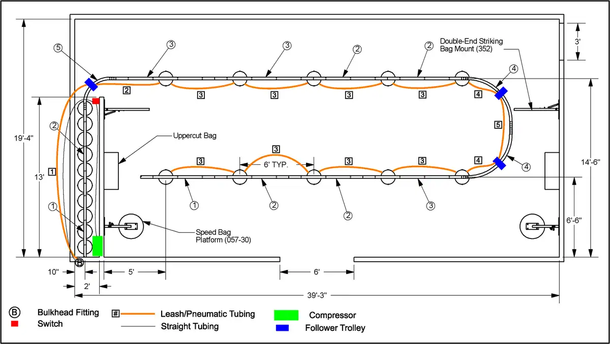 Balazs® Ultra-Trak™ II manual overhead heavy bag track system for commercial training facilities