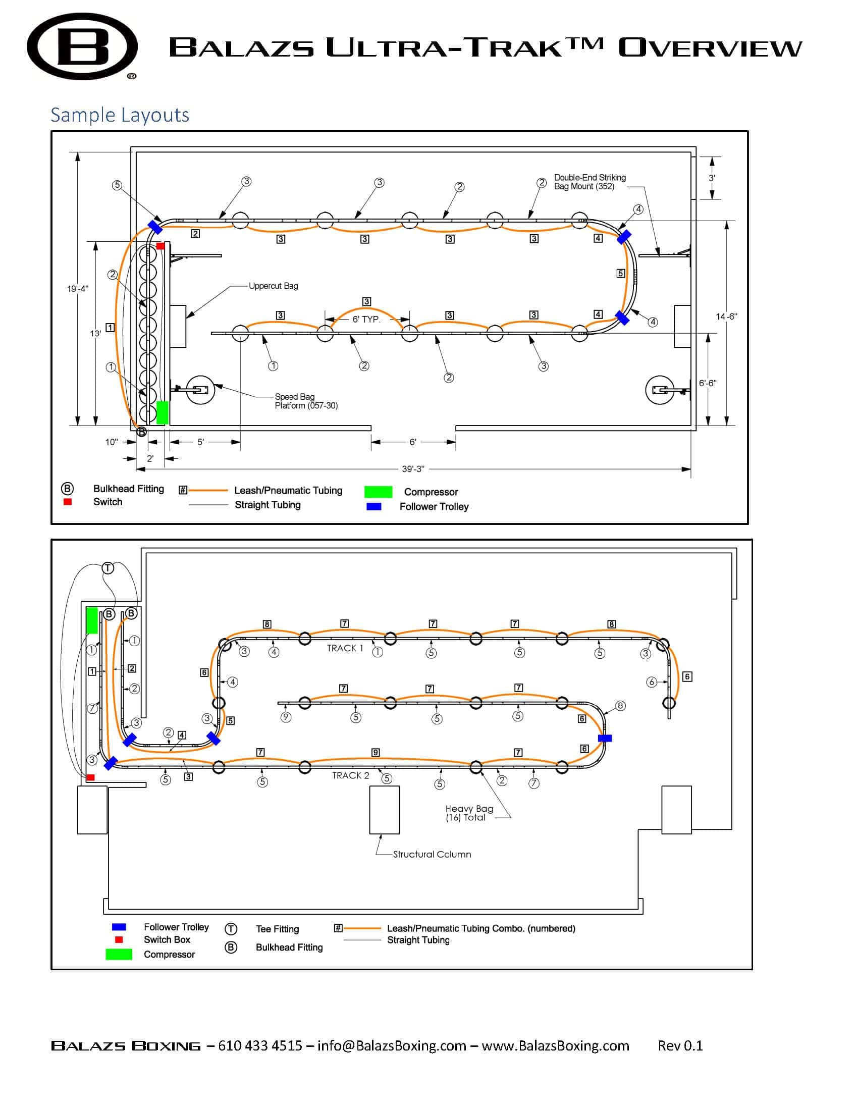 Balazs Ultra-Trak MH0350 sample layouts — single and dual track configurations with full dimensions and component legend