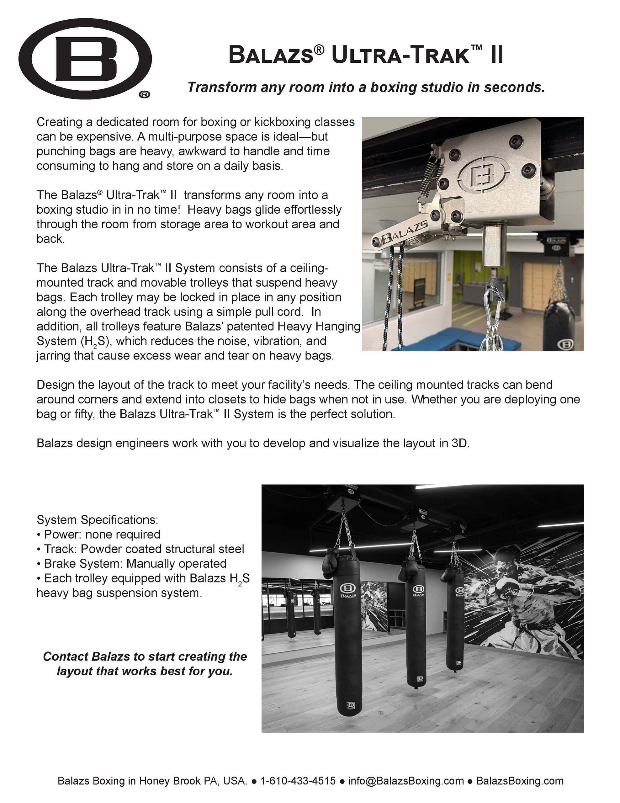 Balazs Ultra-Trak II MH0649 leaflet — system overview with installation photo and specifications