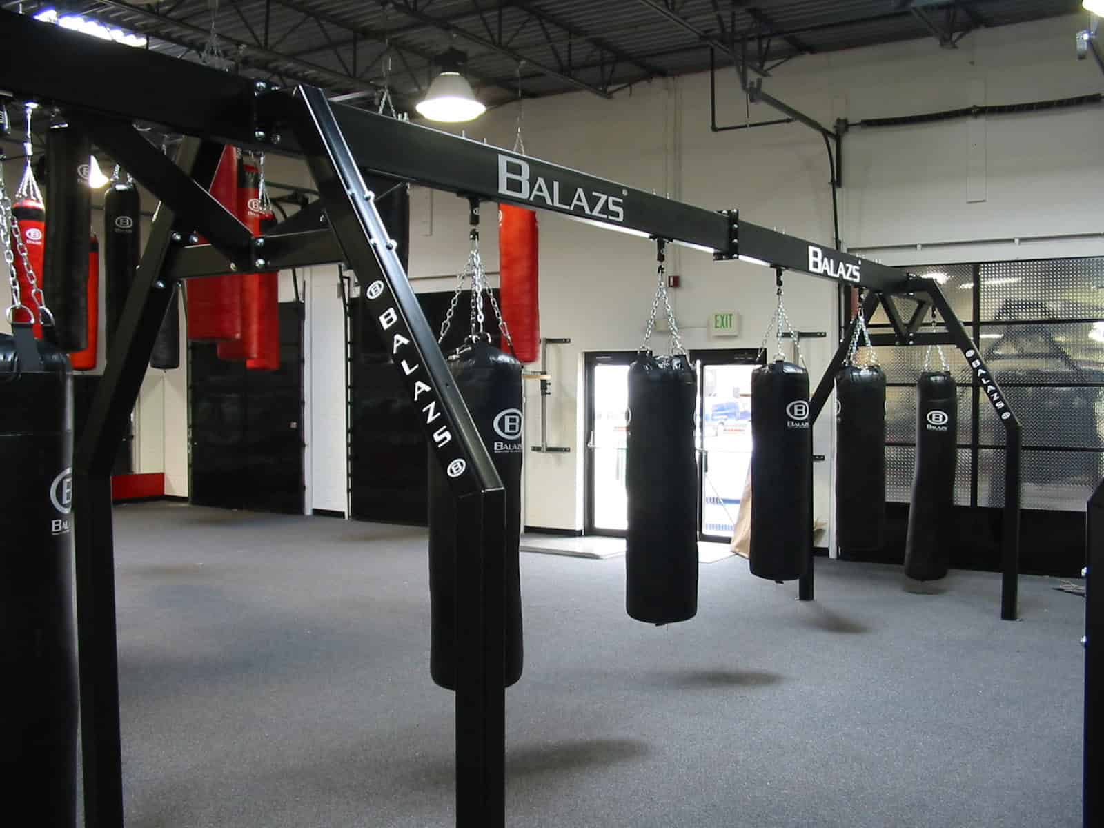 Balazs A-Frame Large with Balazs heavy bags in a training facility