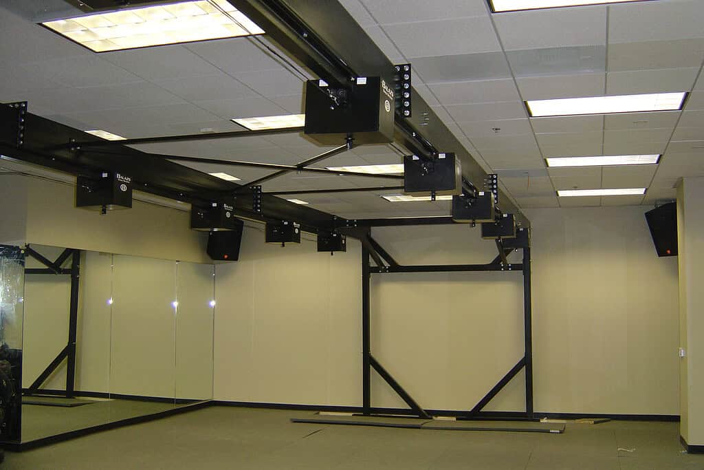 Custom floor-mounted free-standing Balazs frame supporting an Ultra-Trak system in a studio