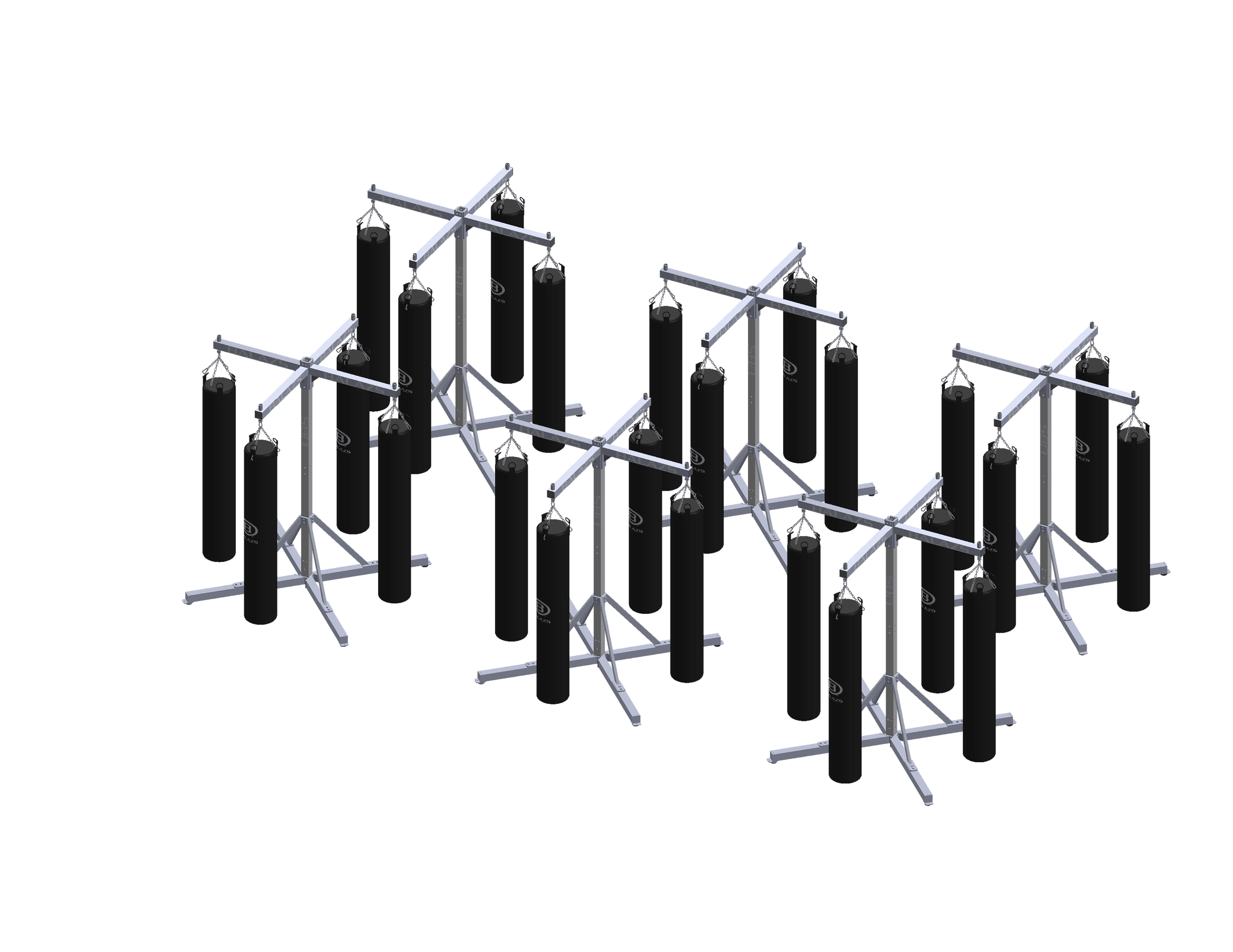 Multiple Balazs Universal Boxing Stands arranged as a training array