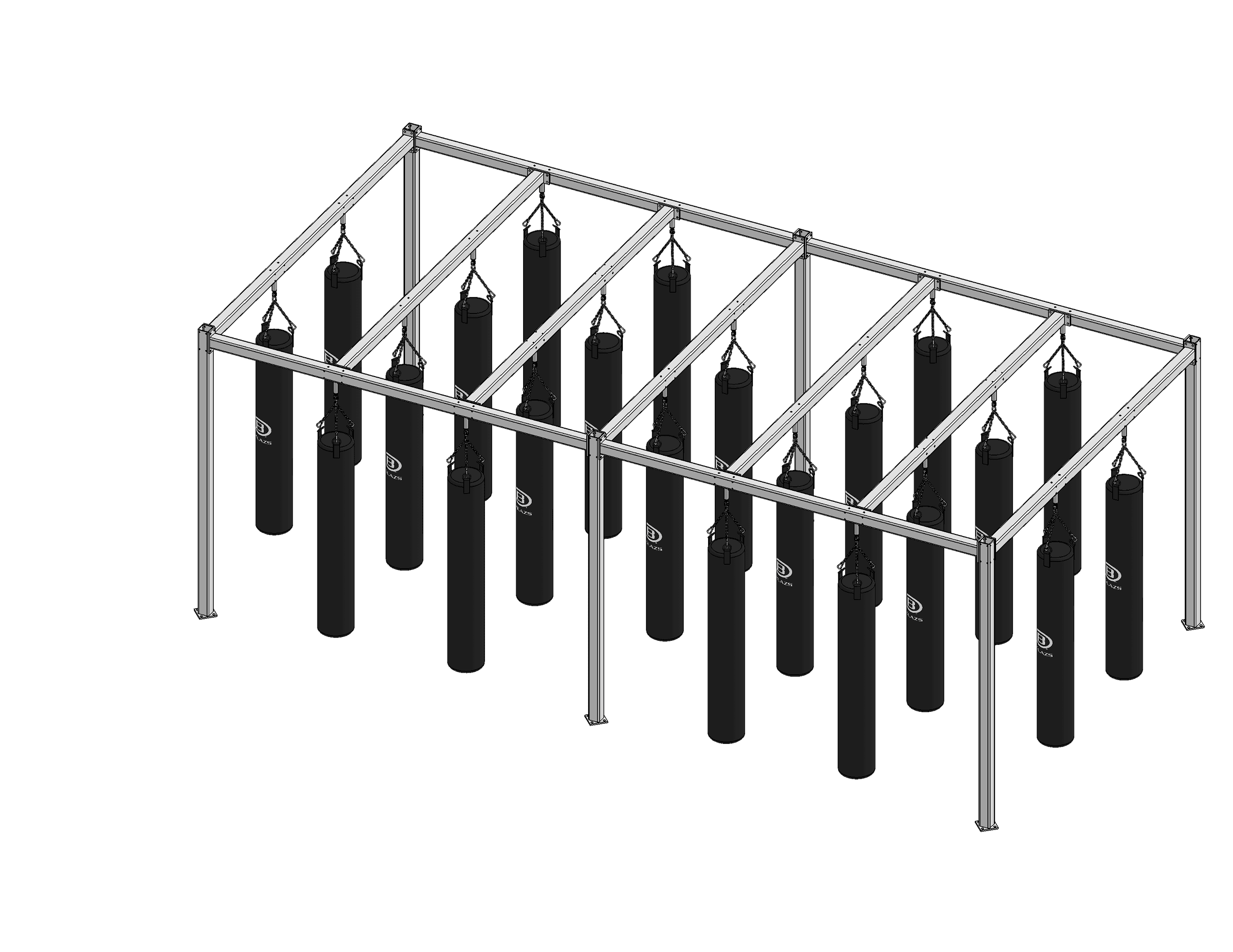 Isometric rendering of a Balazs Ultra-Grid multi-station heavy bag frame