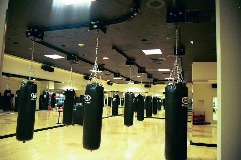 Row of Balazs heavy bags deployed on an Ultra-Trak track across an open studio floor in a health club