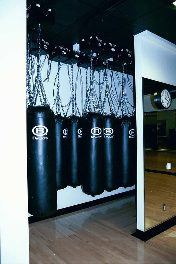 Balazs heavy bags parked tightly into a mirrored alcove on an Ultra-Trak track, studio floor clear