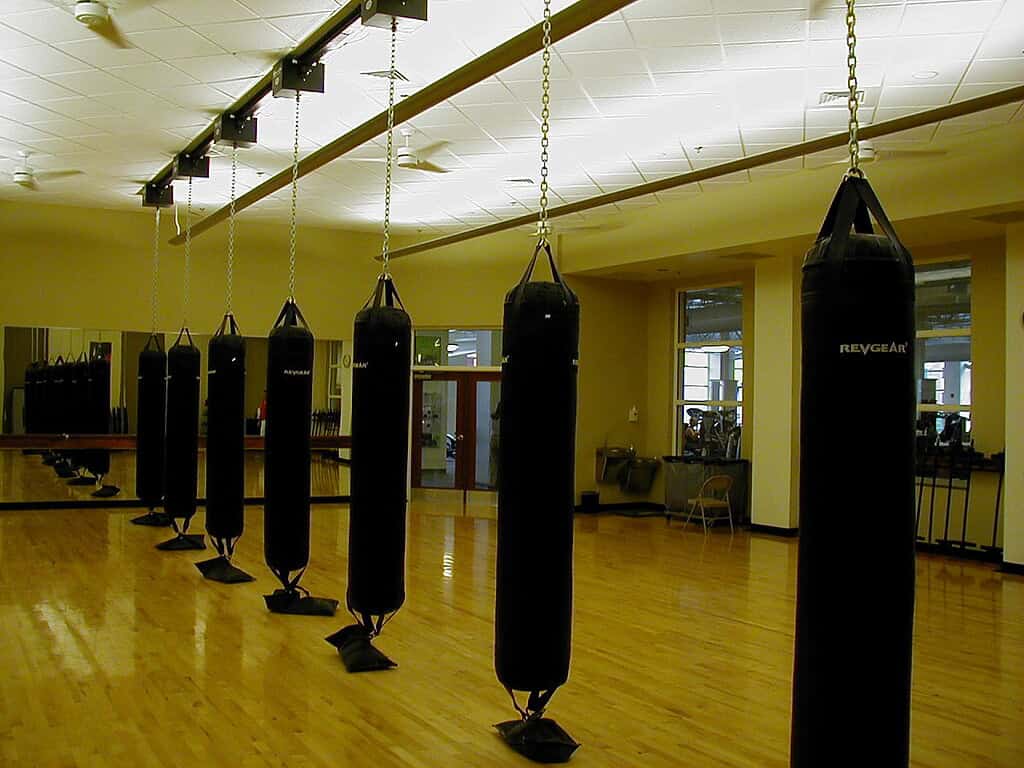 Facility-supplied heavy bags on a Balazs Ultra-Trak track in a fitness club studio with a wood floor