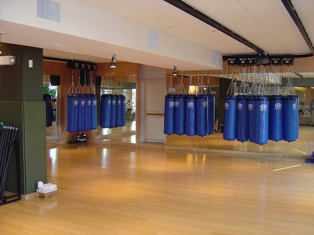 Blue Balazs heavy bags nested together against the wall on an Ultra-Trak track with the studio floor open