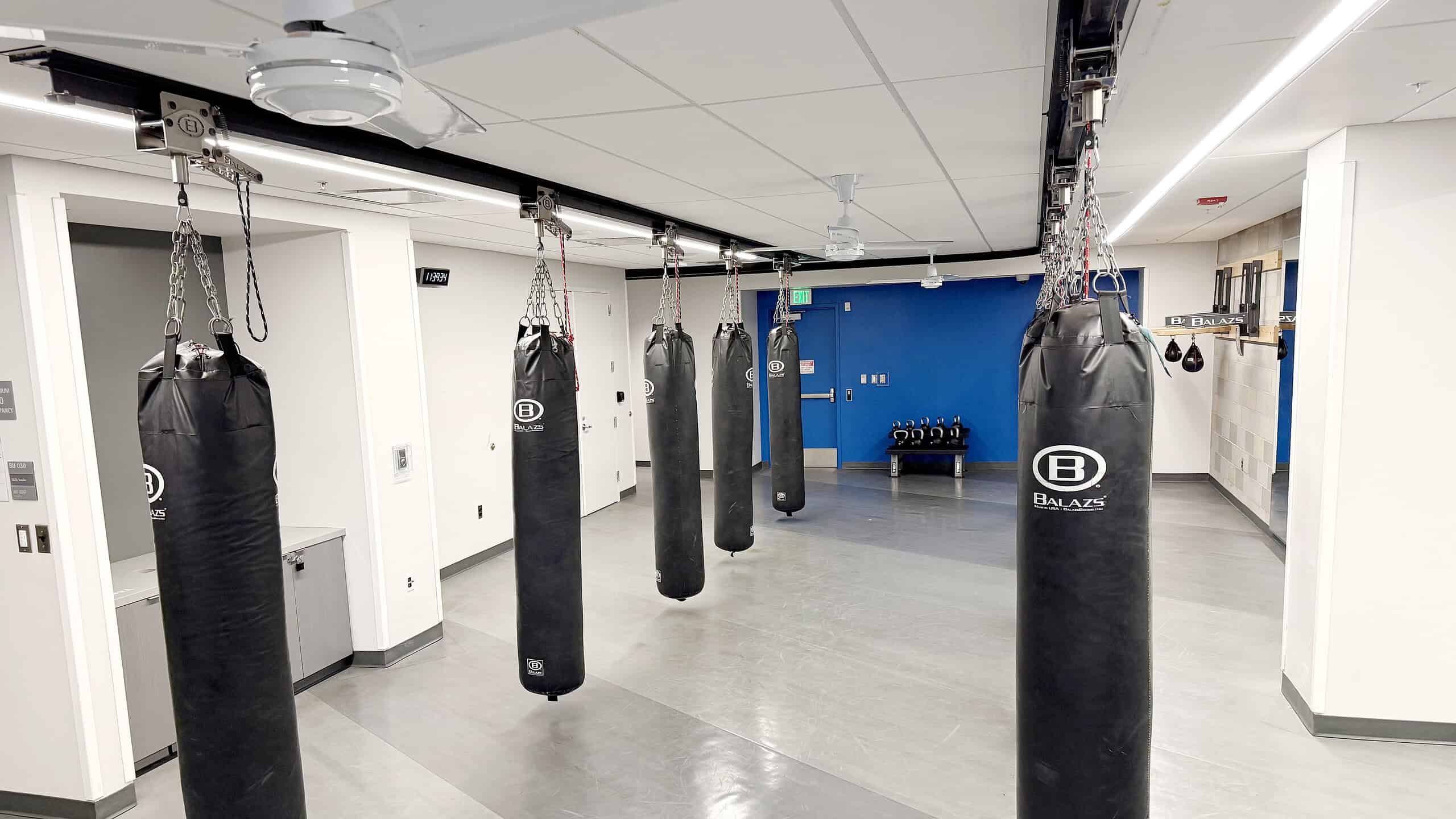 Six Balazs heavy bags deployed on an Ultra-Trak ceiling track in a university training studio