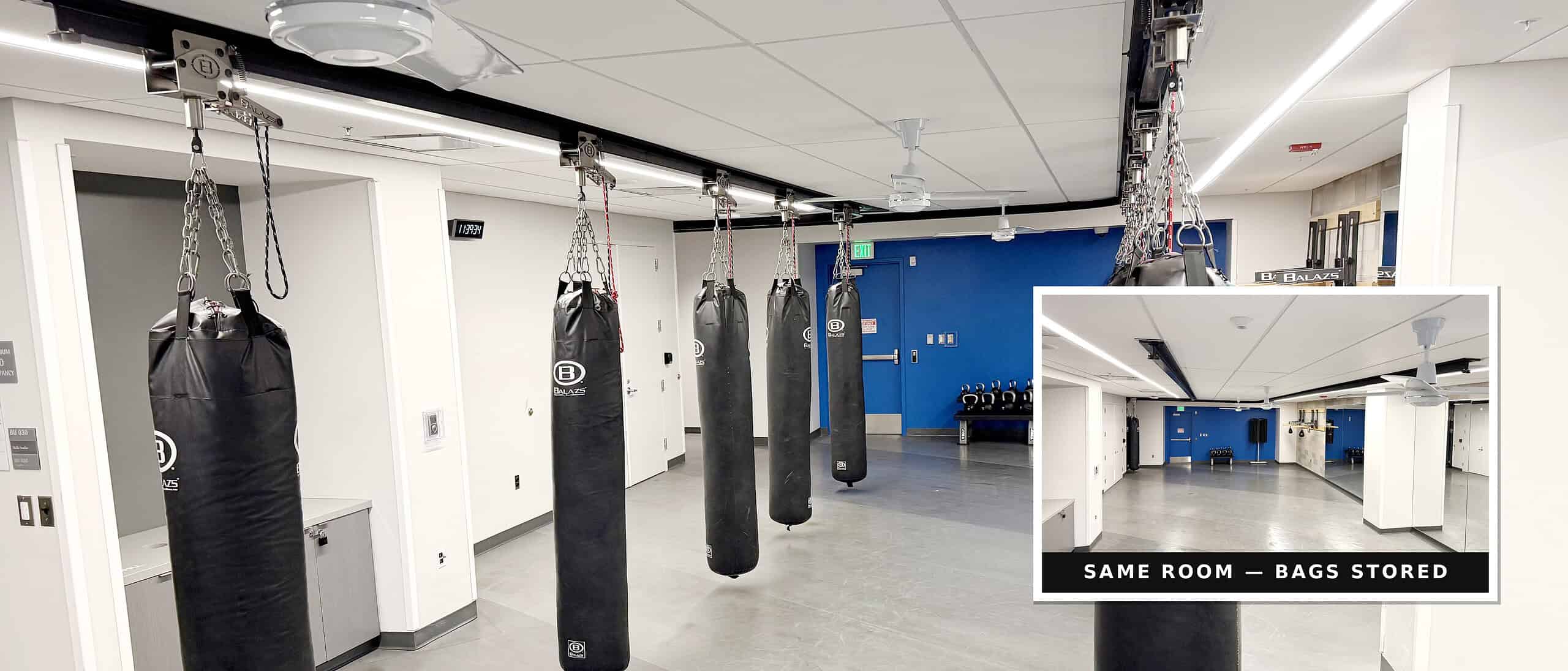 Balazs Ultra-Trak studio with bags deployed and an inset of the same room with bags stored