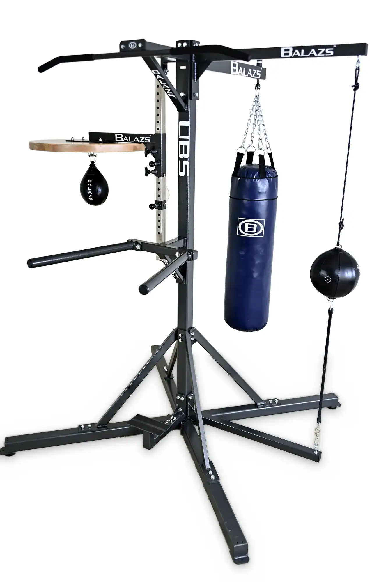 Balazs four-station Universal Boxing Stand with heavy bag, speed bag, double-end bag, pull-up bar, and dip bars