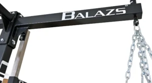 Close-up of the Balazs UBS heavy bag support arm, hanging connector, and chains