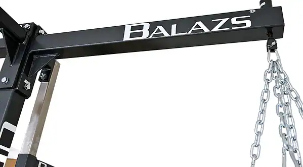 Close-up of the Balazs UBS heavy bag support arm, hanging connector, and chains