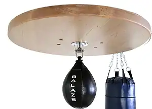 Underside of a Balazs UBS maple speed bag platform with swivel and black speed bag